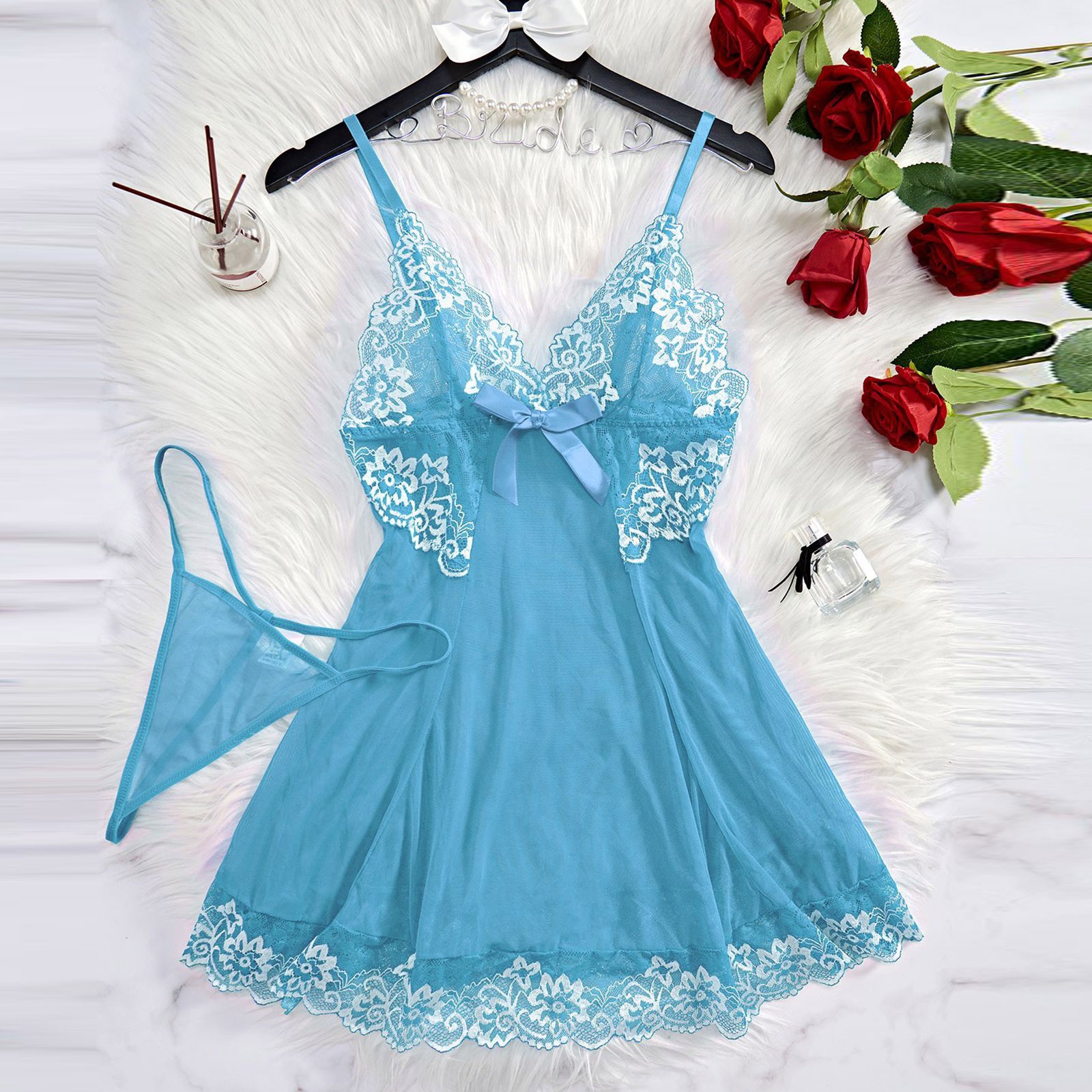 thumbnail image 5 of Body sexy de encaje para mujer con liguero - Conjunto de camisón de malla transparente, lencería de poliéster y spandex para ocasiones especiales, 5 of 5